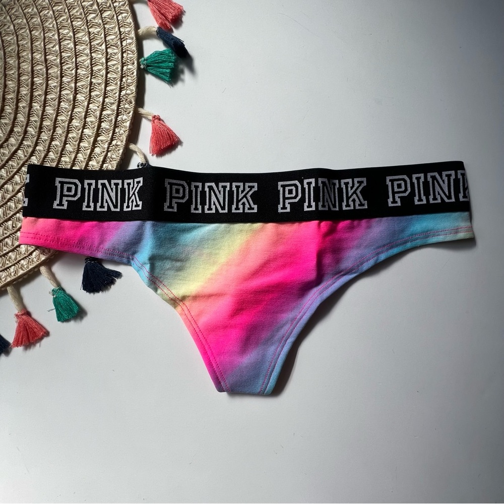Victoria's Secret Pink Logo Thong Panty Rainbow Gradient Small NEW